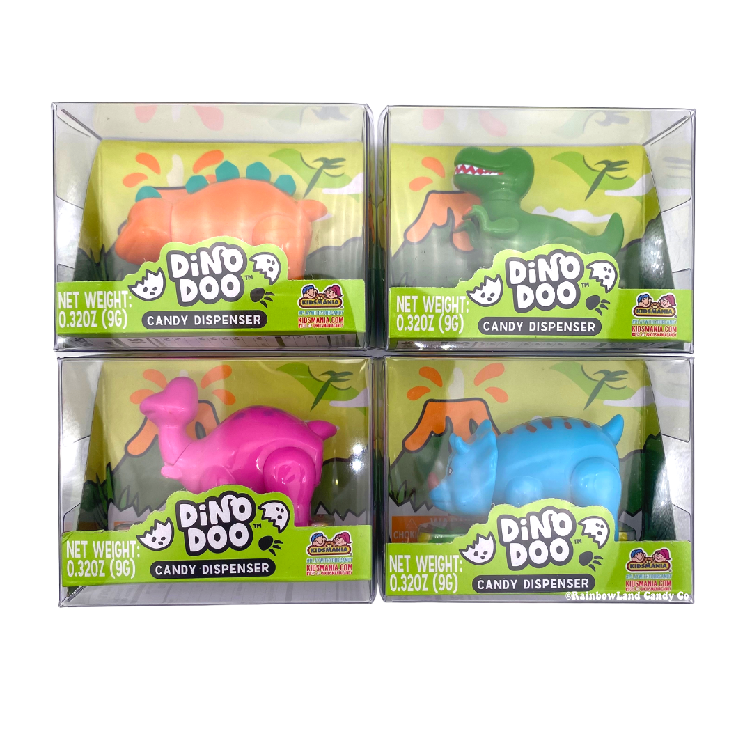 Dino Doo Candy dispensers in assorted dinosaur shapes and colors.