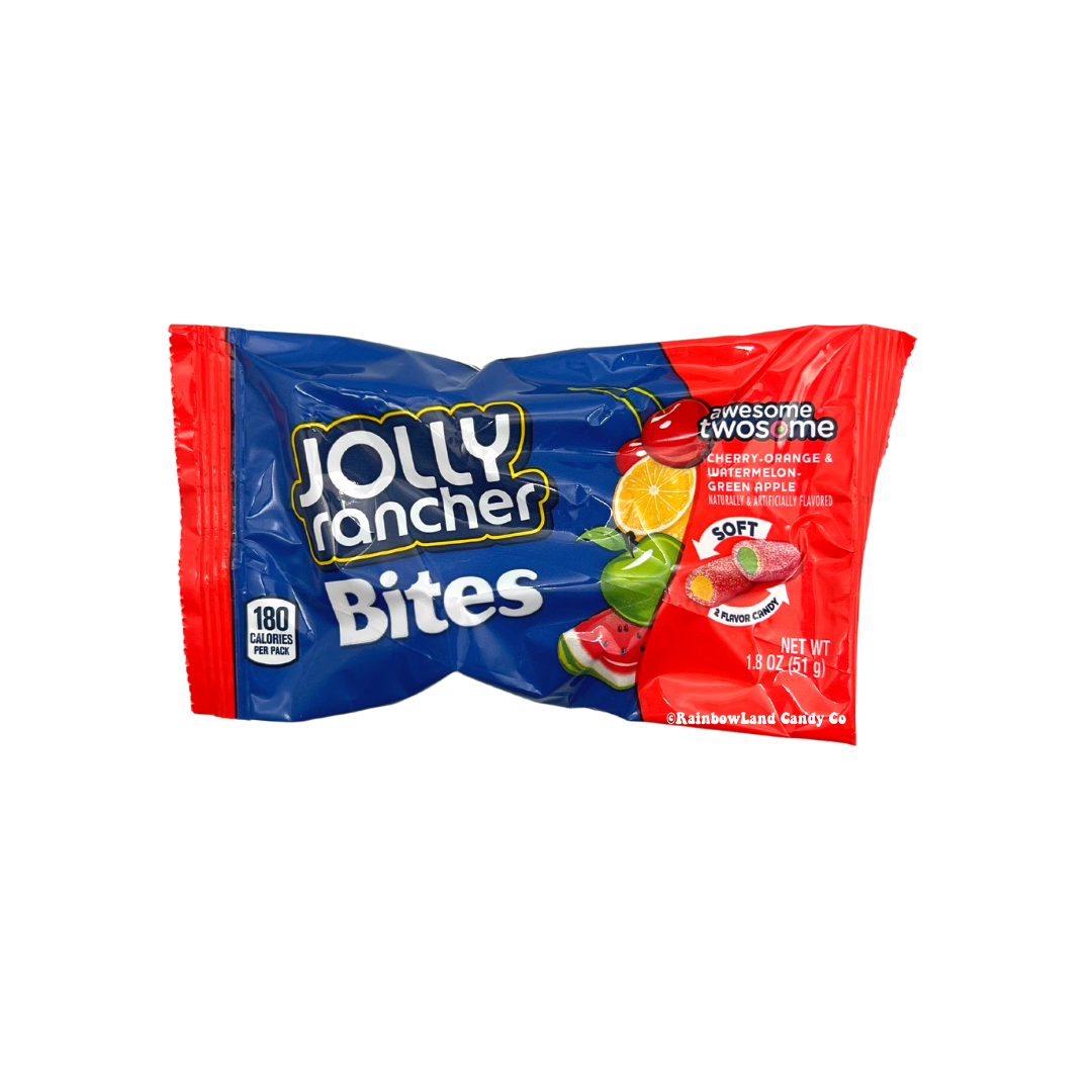 Jolly Rancher Awesome Twosome Bites candy bag featuring cherry-orange and watermelon-green apple flavors.