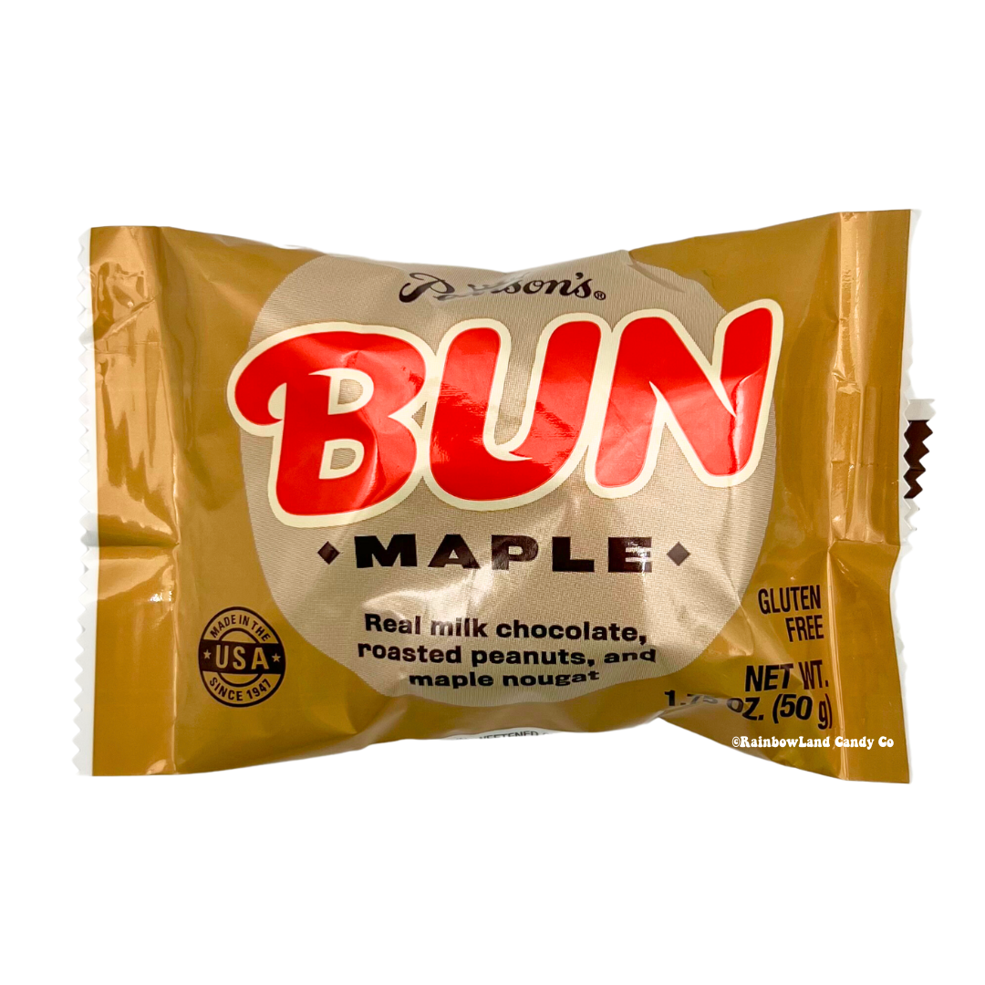 Pearson's Bun Candy Bar Maple flavor in golden packaging.
