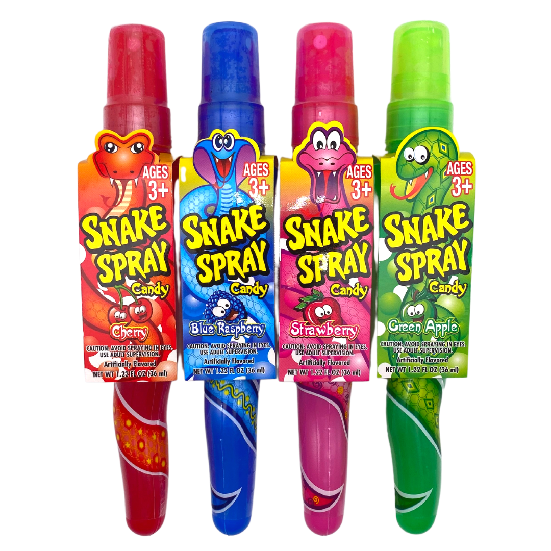 Snake Spray Candy in cherry, blue raspberry, strawberry, and green apple flavors.