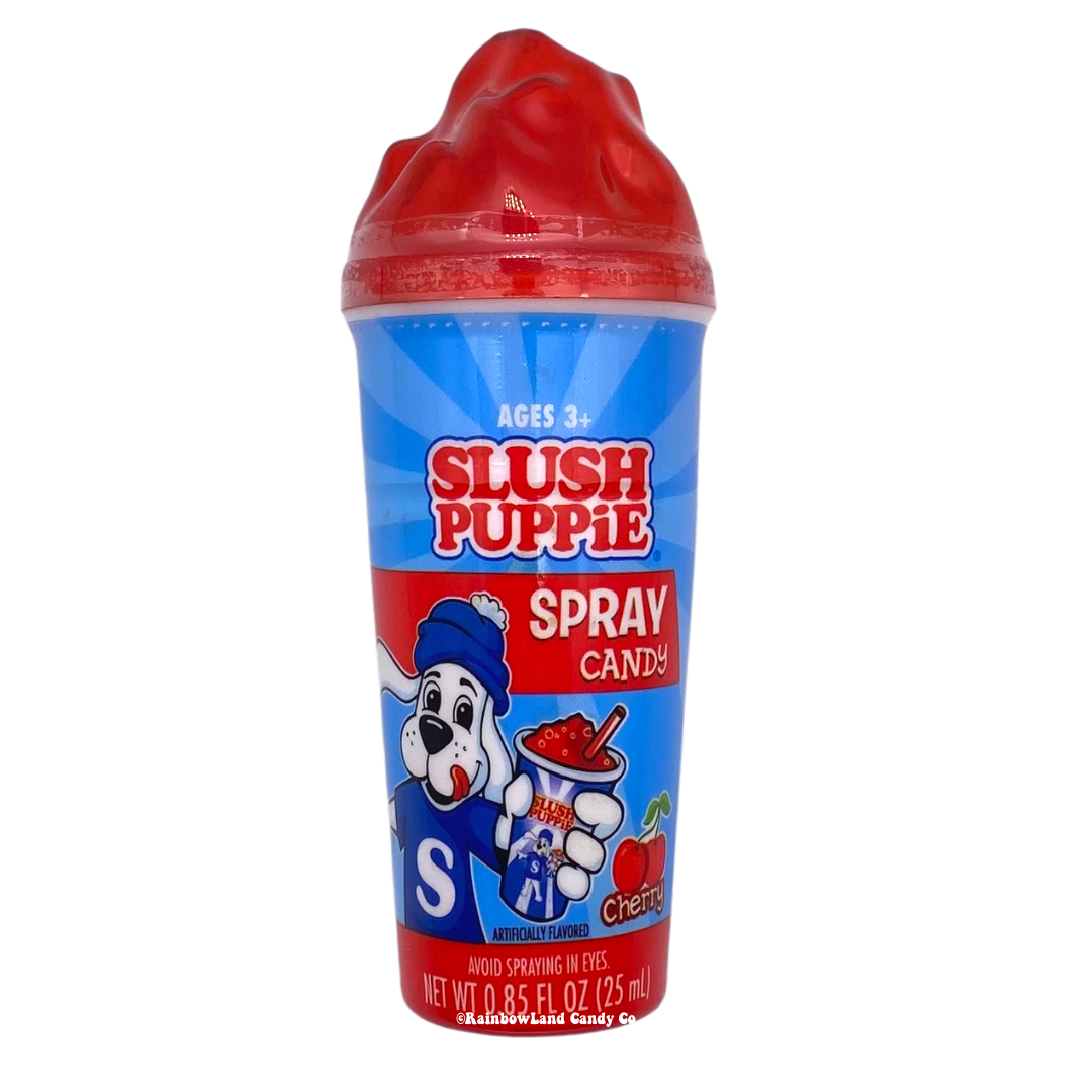 Slush Puppie Spray Candy in Cherry and Blue Raspberry flavors.