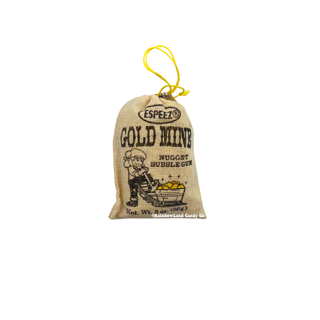 Gold Mine Nugget Bubble Gum in drawstring bag with golden pieces.