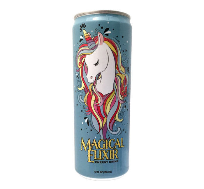 Magical Elixir Unicorn Energy Drink can with colorful unicorn design.