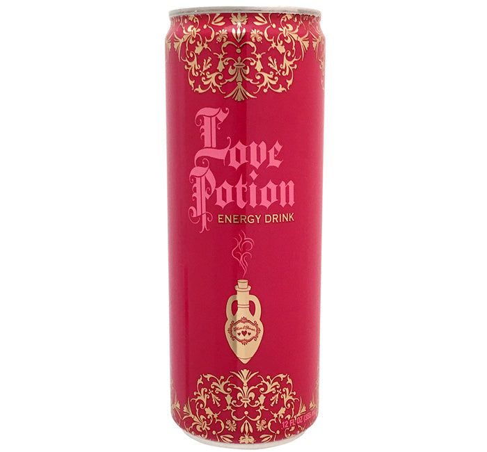 Love Potion Energy Drink can, 12 FL OZ with 100 mg caffeine, romantic design for Valentine's Day.