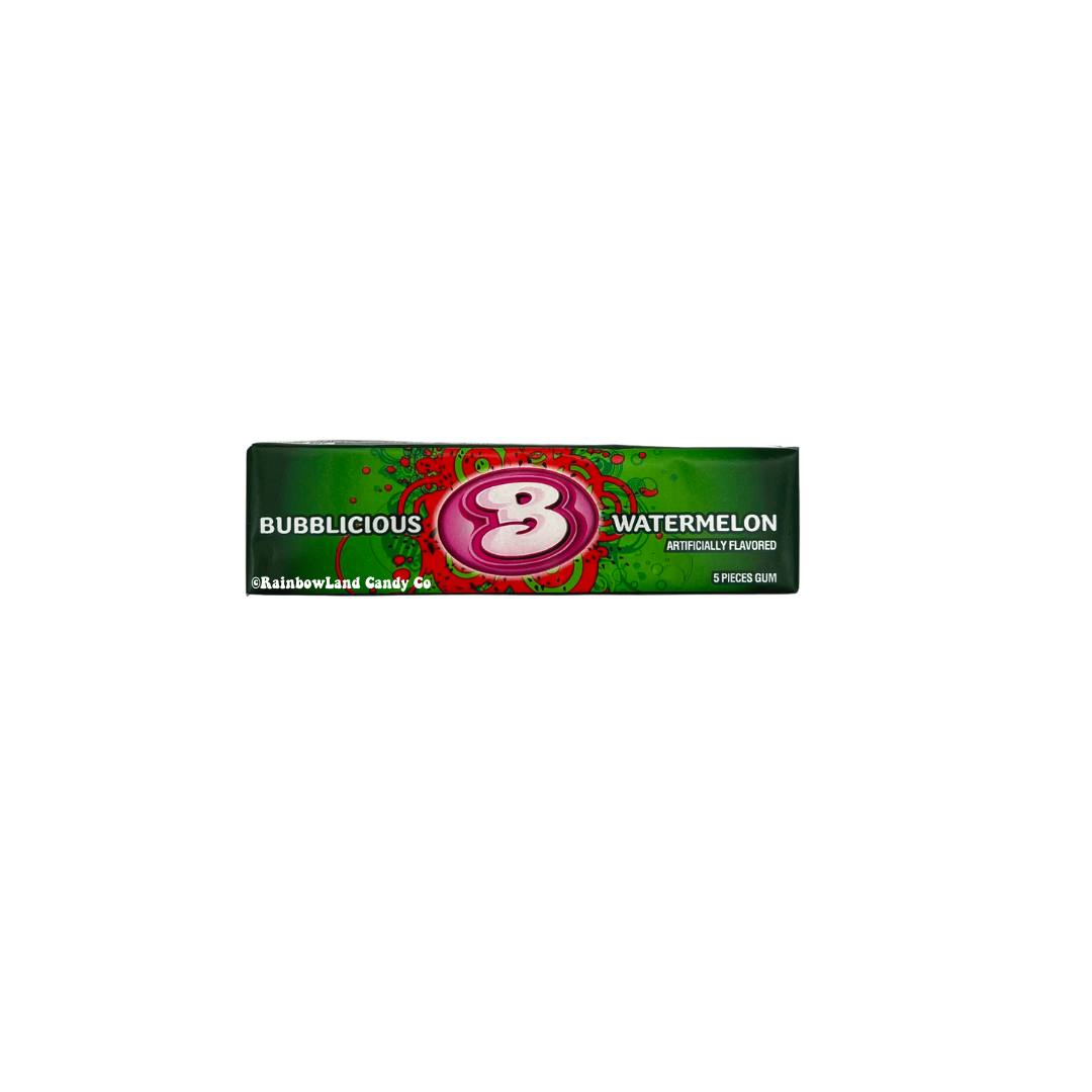 Bubblicious Watermelon Gum packaging with a vibrant green and pink design.