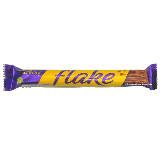 Cadbury Flake Bar with crumbly texture from the UK in yellow and purple packaging.