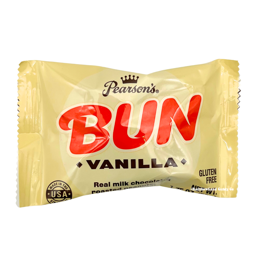 Pearson's Bun Candy Bar Vanilla packaging with milk chocolate, peanuts, and vanilla nougat.