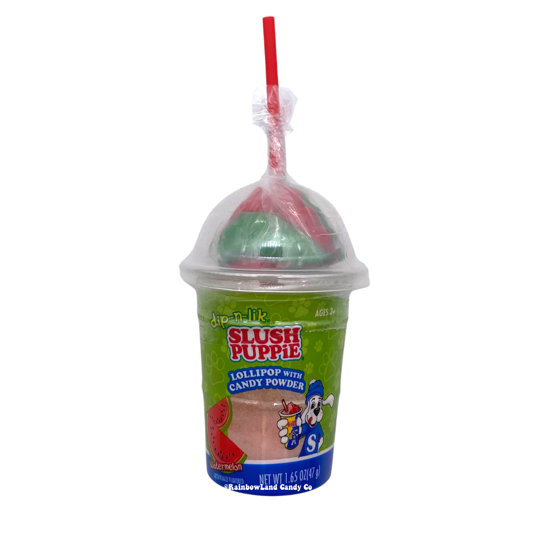Slush Puppie Dip-N-Lik Candy with lollipop and dipping powder in a cup.