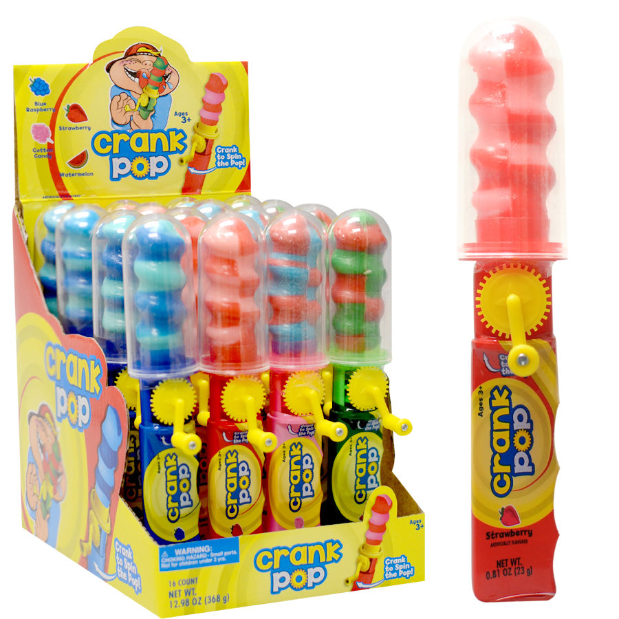 Crank Pop Lollipop with crank handle and assorted flavors display box.