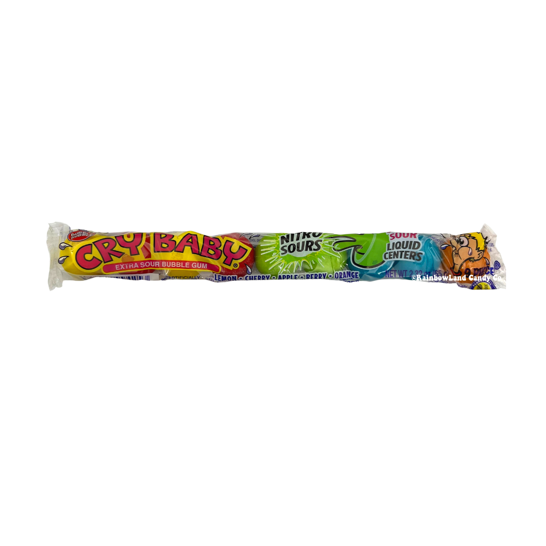Cry Baby Nitro Sour Liquid Center Gumballs packaging with 9 sour gumballs in lemon, cherry, berry, apple, and orange flavors.