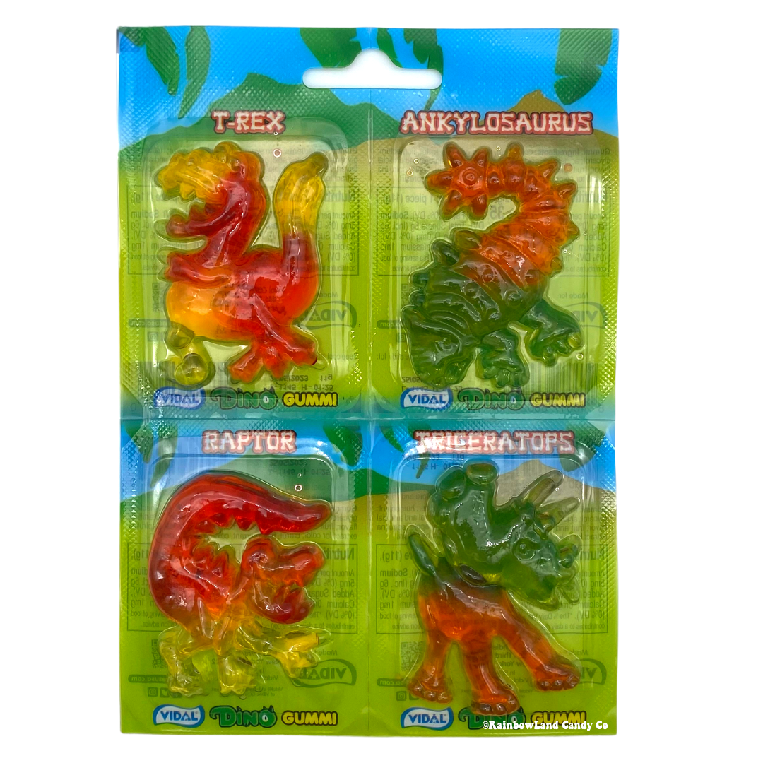 Dino Gummies pack featuring T-Rex, Ankylosaurus, Raptor, and Triceratops candy shapes.
