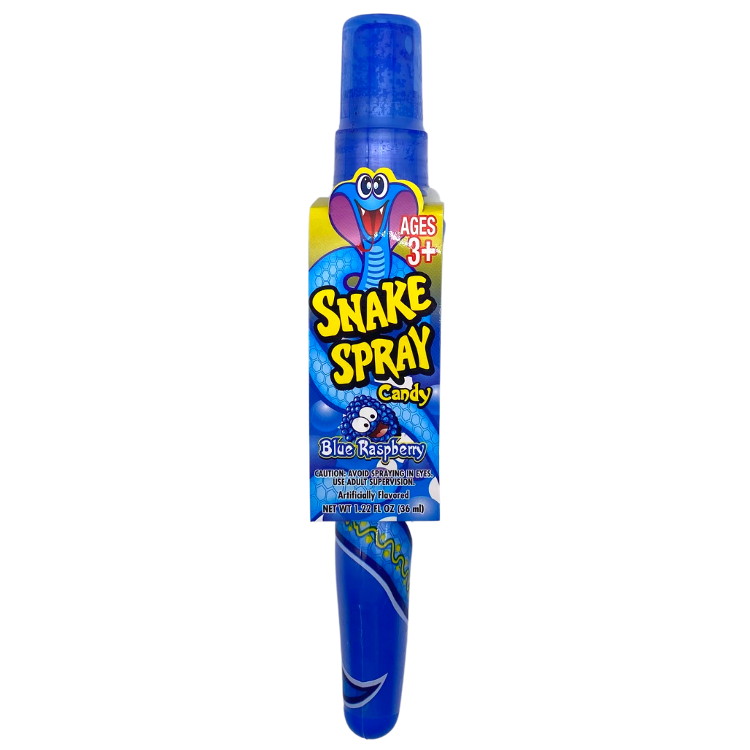 Snake Spray Candy in blue raspberry flavor, super sour spray for ages 3 and up.