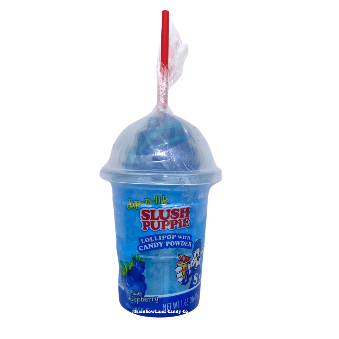 Slush Puppie Dip-N-Lik Candy with lollipop and powder in Blue Raspberry flavor cup.