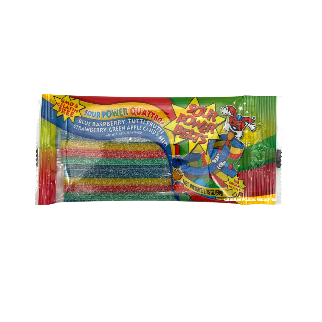 Sour Power Belts pack with Blazpberry, Quattro, and Strawberry flavors, 1.75 oz bag.