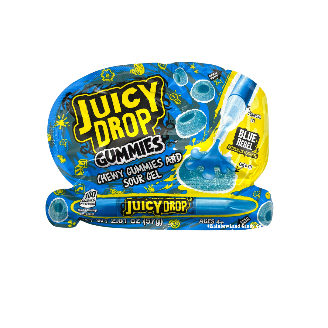 Juicy Drop Gummies with sour gel pen in various flavors.