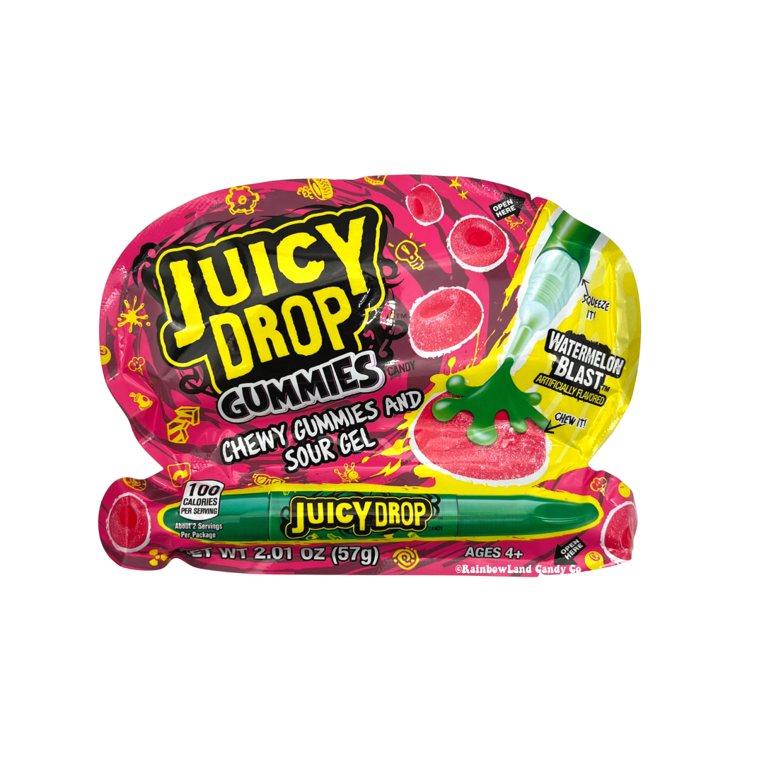 Juicy Drop Gummies with Sour Gel and Pen, Wild Cherry Berry, Knock-Out Punch, Watermelon Blast, Blue Rebel, Strawberry Watermelon flavors.