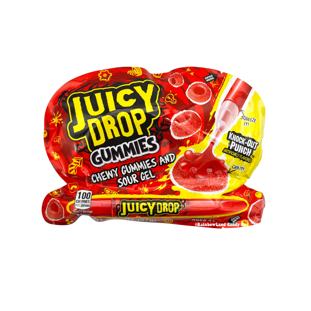 Juicy Drop Gummies with Sour Gel in vibrant packaging featuring chewy gummies and a sour gel pen.