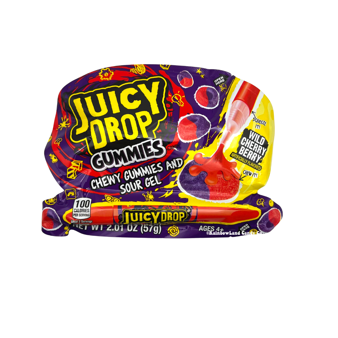 Juicy Drop Gummies with Sour Gel pen, featuring Wild Cherry Berry flavor packaging.