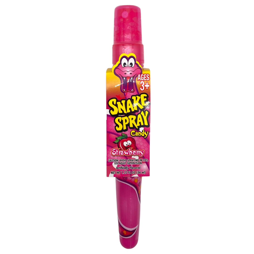 Snake Spray Candy bottle with strawberry flavor, ages 3 and up, featuring a cartoon snake design.