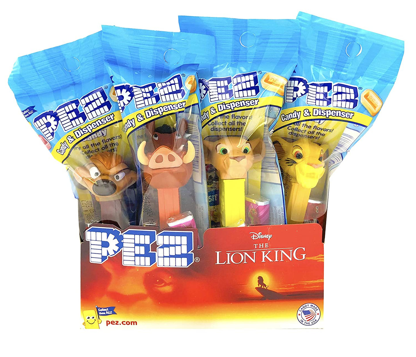 PEZ Lion King dispensers with candy featuring Simba, Pumbaa, and other characters.