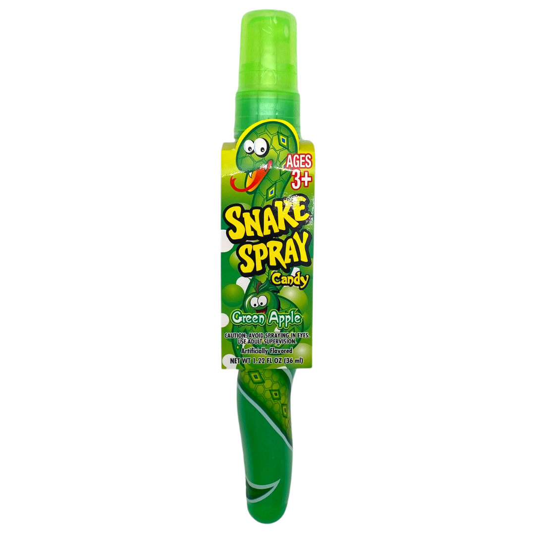 Snake Spray Candy bottle with green apple flavor packaging.