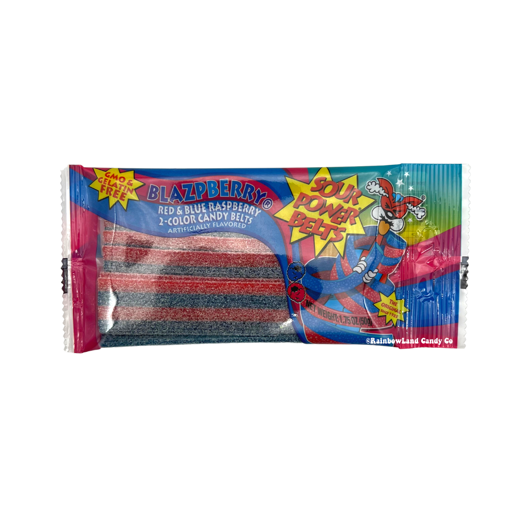 Sour Power Belts in Blazpberry flavor, 1.75 oz bag packaging.