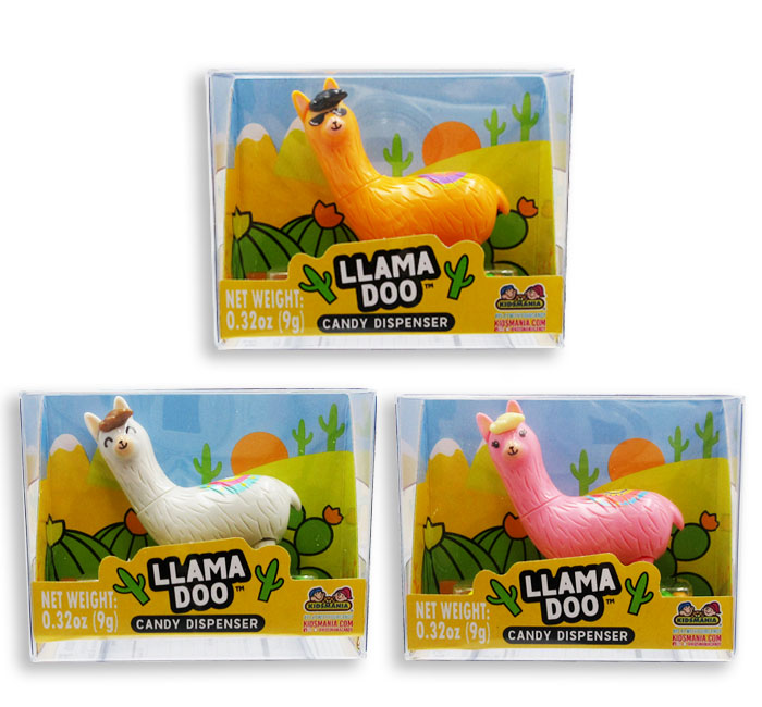 Llama Doo Candy dispenser featuring colorful llama designs against a playful background.