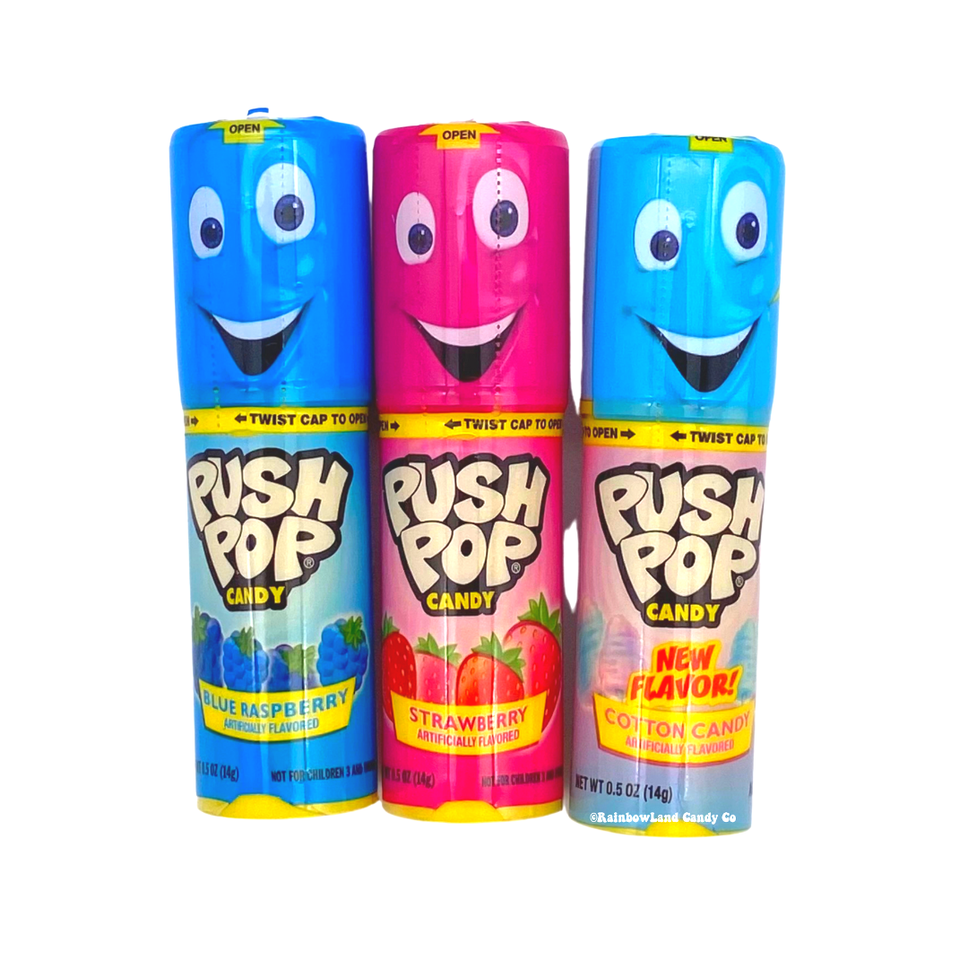 Push Pops candy in Blue Raspberry, Strawberry, and Cotton Candy flavors with colorful packaging.