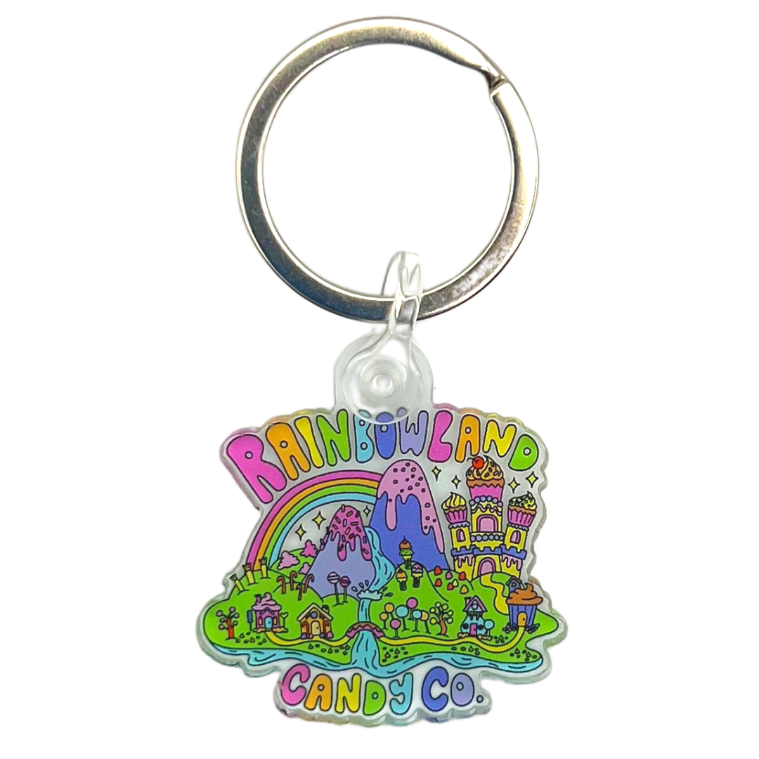 Logo Keychain with RainbowLand Candy Co acrylic design, stainless steel ring.