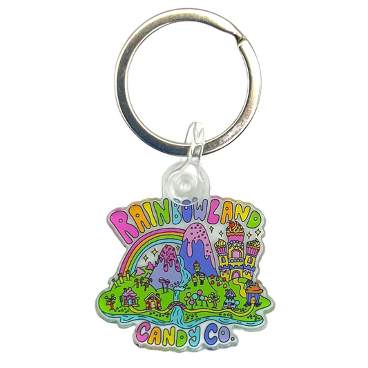 Logo Keychain with RainbowLand Candy Co acrylic design, stainless steel ring.