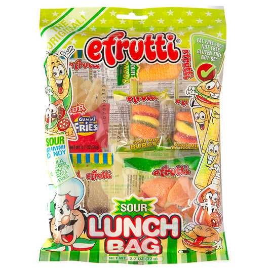 Efrutti Sour Gummy Lunch Bag with assorted sour gummy snacks including burgers, cola bottle, corn, pizza, and fries.