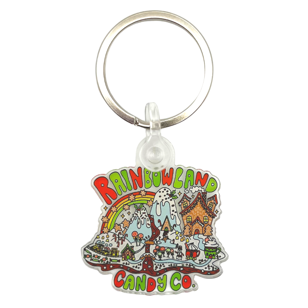 Holiday Logo Keychain featuring RainbowLand Candy Co design with stainless steel ring.