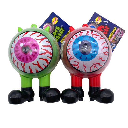 ICU Cyclops Monster Jawbreakers in red and green colors with sour layers and gum center.