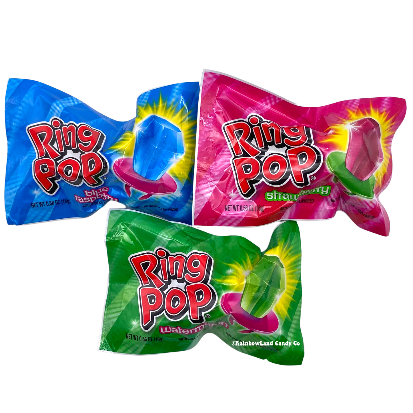Ring Pop lollipop candy in vibrant packaging with assorted flavors.