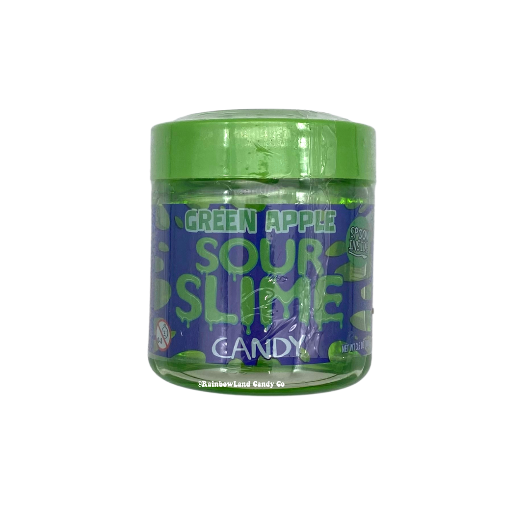 Sour Slime Candy green apple flavor 3.5oz jar with thick scoopable bright green sour gel candy and spoon included inside, featuring purple label with green apple sour slime candy branding.
