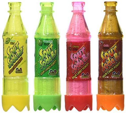 Sour Soda Pop Candy in cola, lemon, cherry, and green apple flavors.