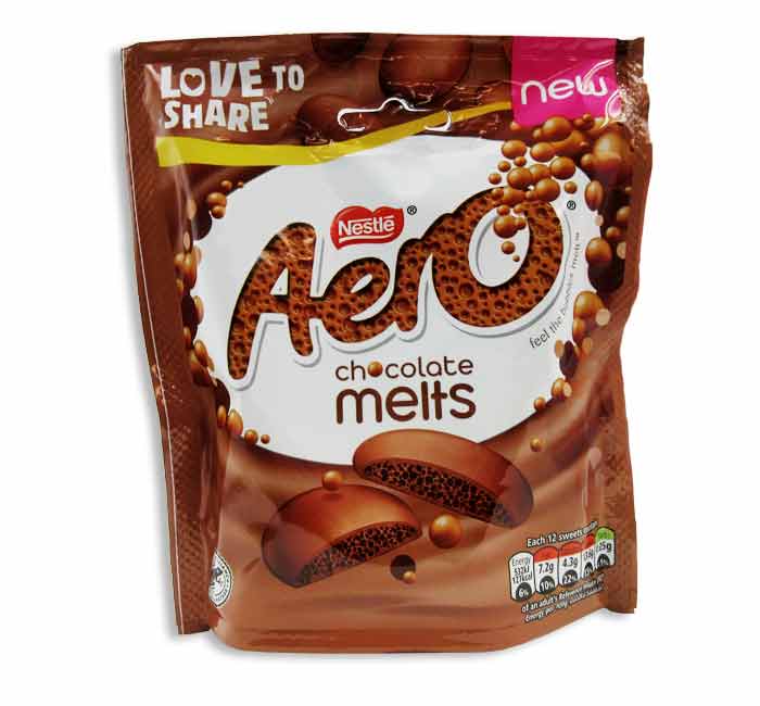 Aero Chocolate Melts packaging showing bubbly textured chocolate pieces from the UK.