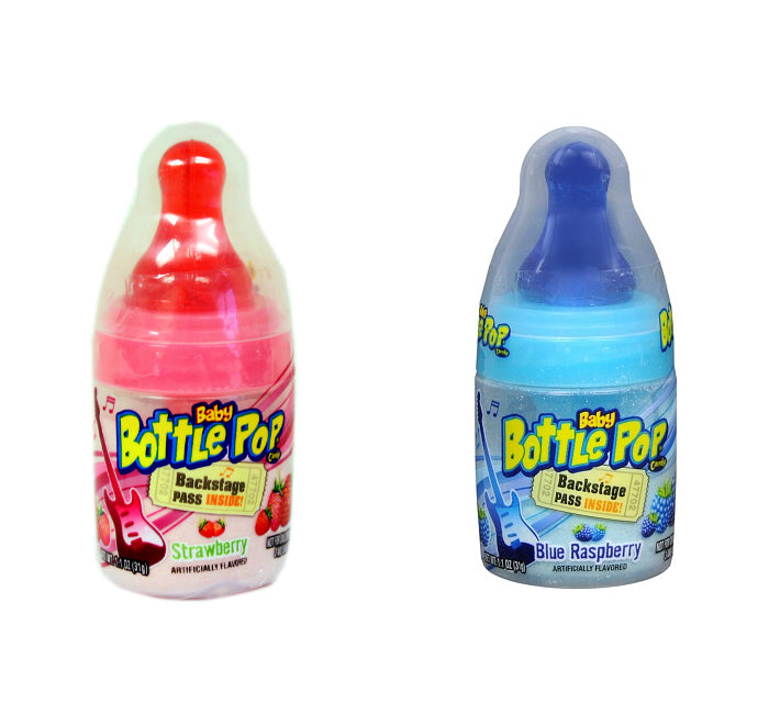 Baby Bottle Pops candy in Strawberry and Blue Raspberry flavors with playful packaging.