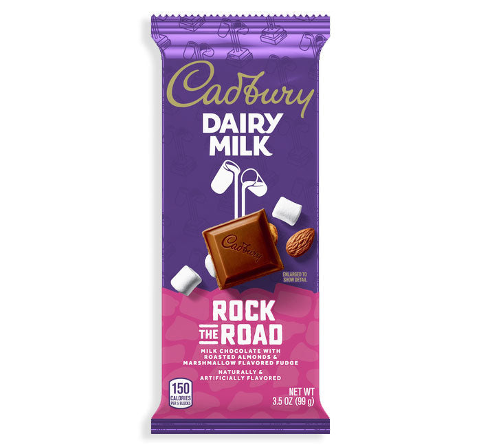 Cadbury Rock the Road Chocolate Bar with roasted almonds and marshmallow fudge packaging.