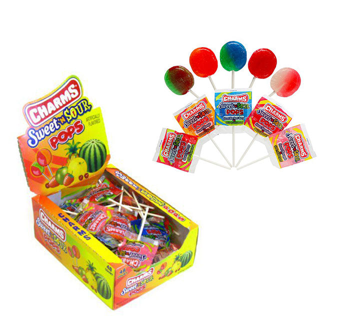 Charms Sweet and Sour Lollipops in five assorted flavors with packaging.