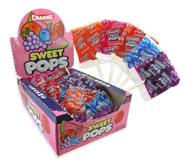 Charms Sweet Lollipops in assorted flavors, including Orange, Grape, Blue Razz, Cherry, and Strawberry, displayed in packaging.