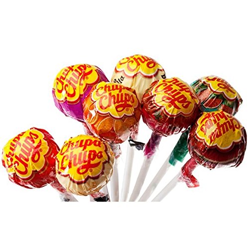 Chupa Chups Lollipop assortment with various flavors including Cola, Strawberry, Orange, Watermelon, and Strawberry & Cream.