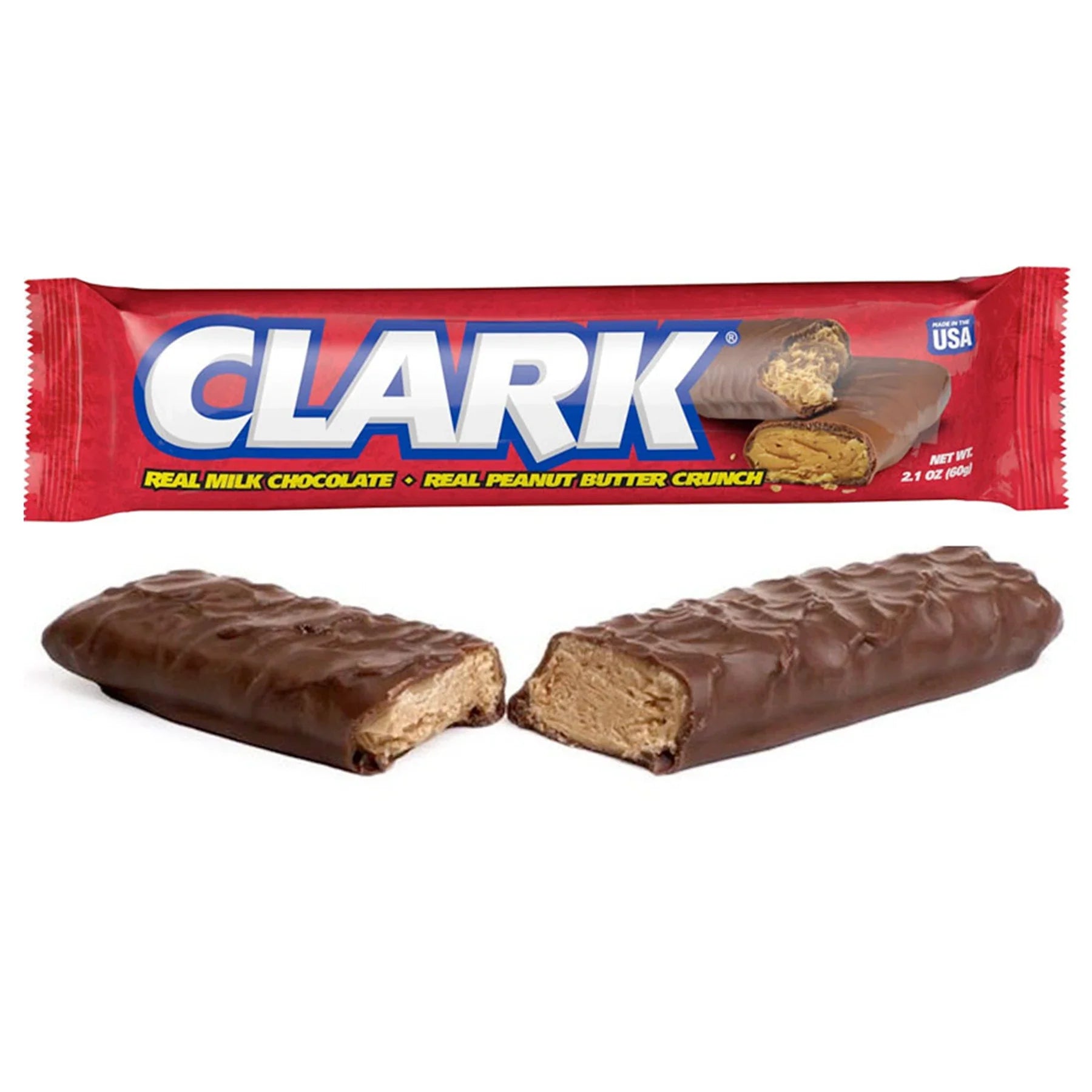 Clark Bar with crunchy peanut butter center and milk chocolate coating.