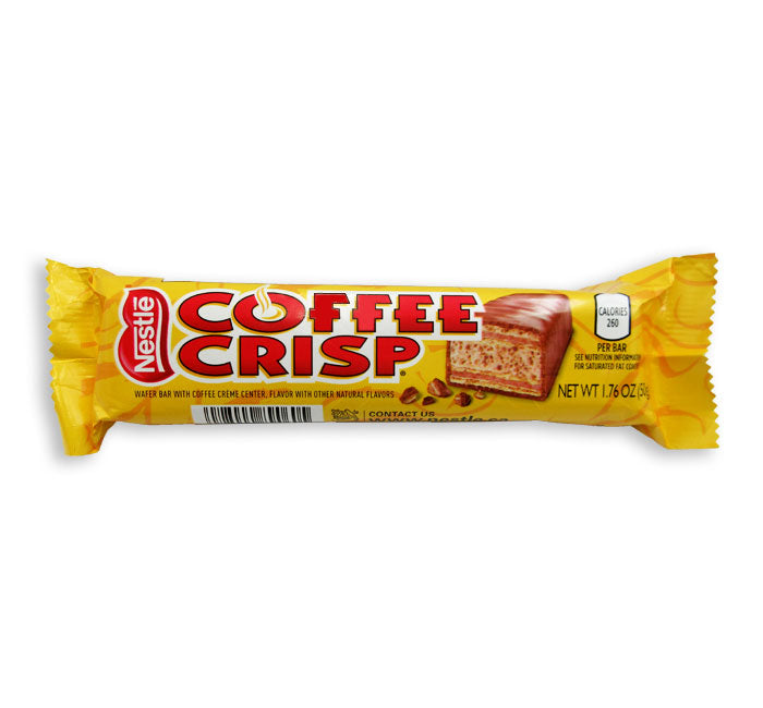 Coffee Crisp candy bar from Canada in yellow packaging.