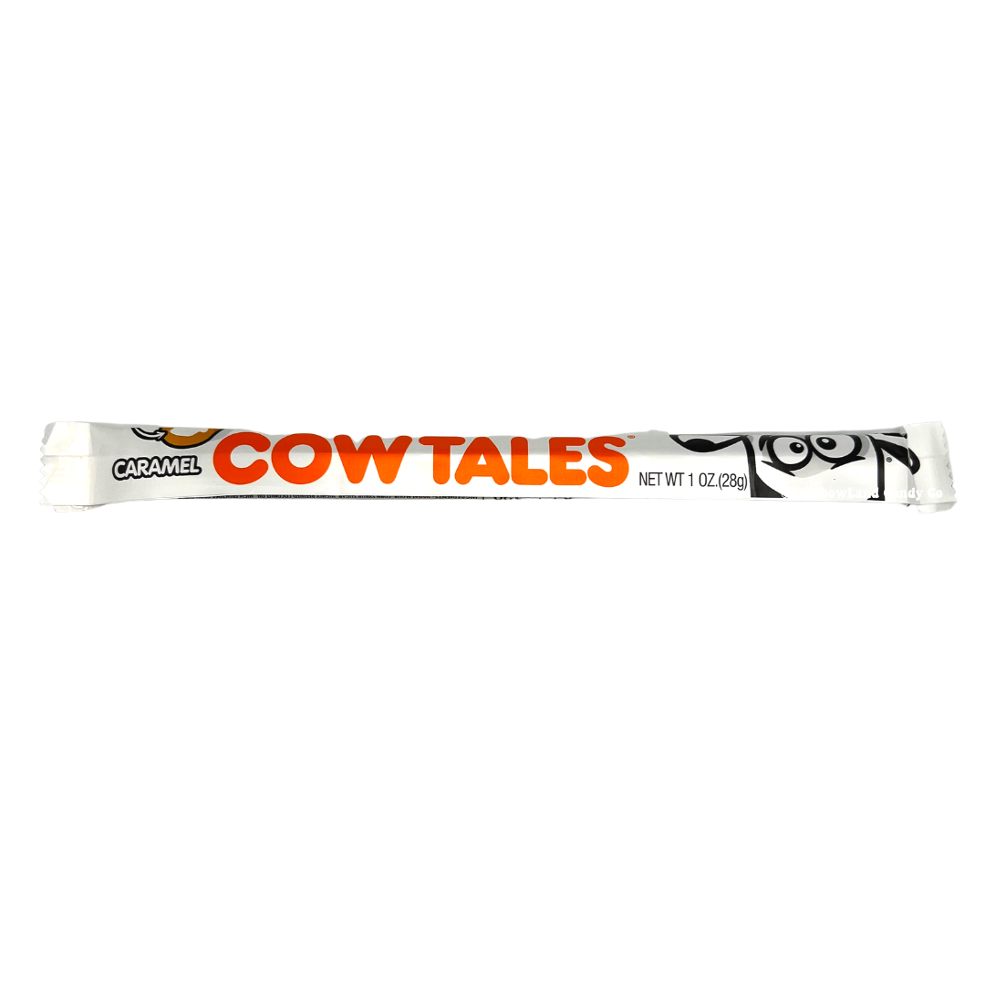 Original Caramel Cow Tale candy, 1 oz, showing a white wrapper with orange Cow Tales logo and the classic caramel candy stick with vanilla cream center.