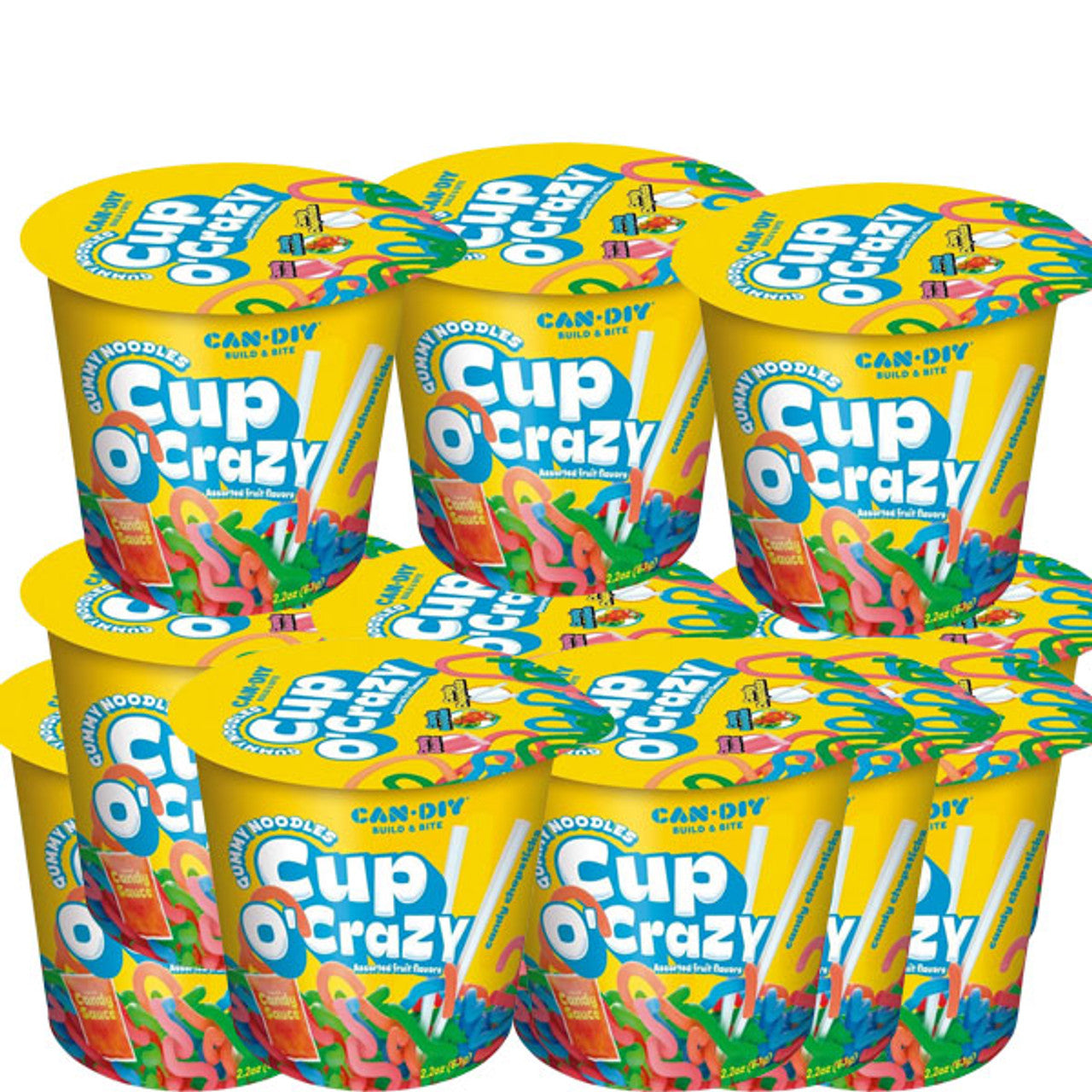 Cup O' Crazy Gummy Noodles with candy chopsticks and sauce in bright packaging.