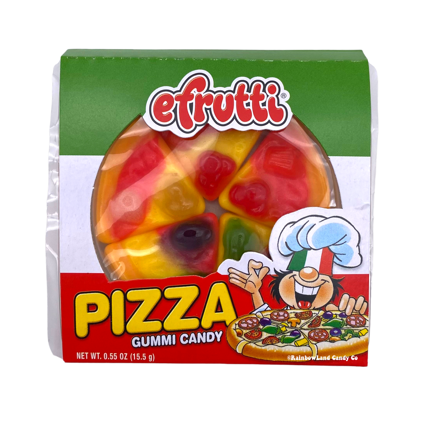 Efrutti Gummy Pizza candy with fruity flavors in colorful packaging.
