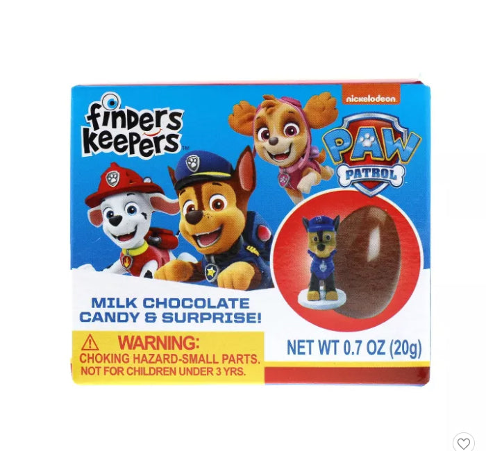 Finders Keepers Paw Patrol milk chocolate egg with surprise toy inside.