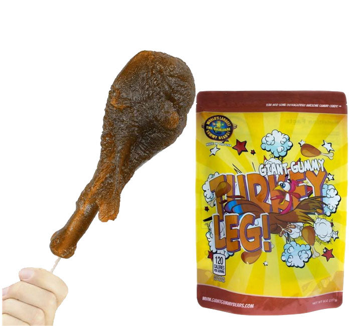 Giant Gummy Turkey Leg with packaging, cola-flavored edible treat.