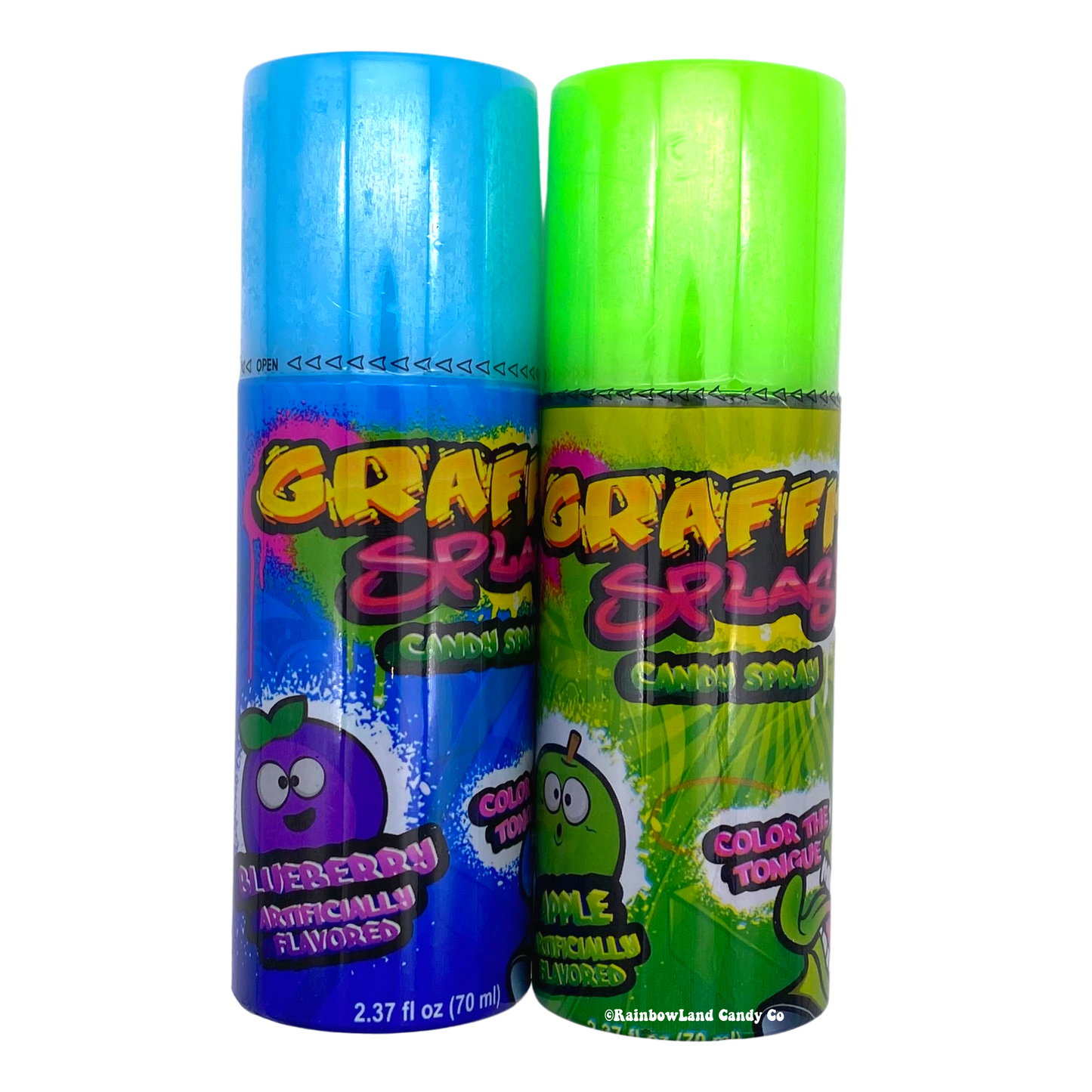 Graffiti Spray Candy bottles in blueberry and apple flavors.